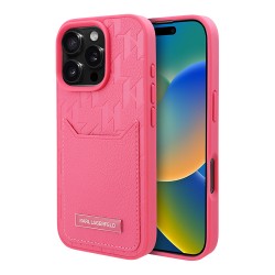 Karl Lagerfeld для iPhone 16 Pro Grained Monogram чехол с карманом для карты из PU кожи, фуксия
