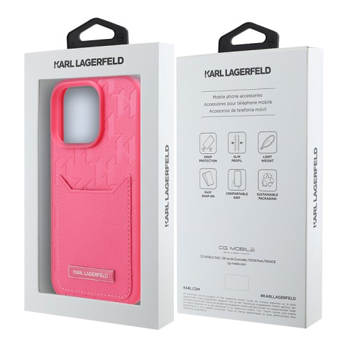 Karl Lagerfeld для iPhone 16 Pro Grained Monogram чехол с карманом для карты из PU кожи, фуксия
