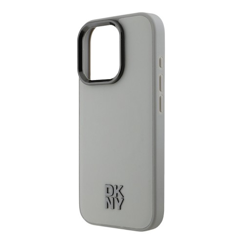DKNY для iPhone 16 Pro Max чехол PU Plain leather Stack Metal logo Hard Grey (MagSafe)
