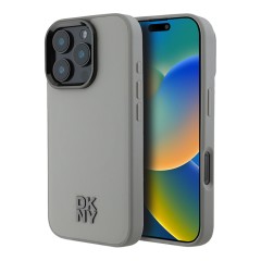 DKNY для iPhone 16 Pro Max чехол PU Plain leather Stack Metal logo Hard Grey (MagSafe)