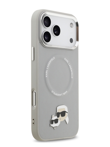Karl Lagerfeld для iPhone 17 Pro чехол PU NFT Karl & Choup heads Metal pin & Cam Hard Grey (MagSafe)
