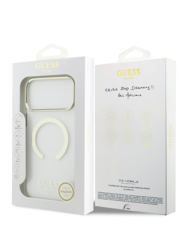 Guess для iPhone 17 Pro Max чехол IML Metal outline and Camera Hard Transparent/Gold (MagSafe)
