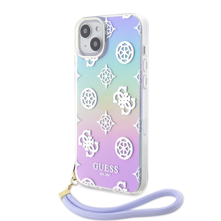 Guess для iPhone 15 Plus чехол PC/TPU Peony glitter +Nylon Hand cord Hard Iridescent Purple