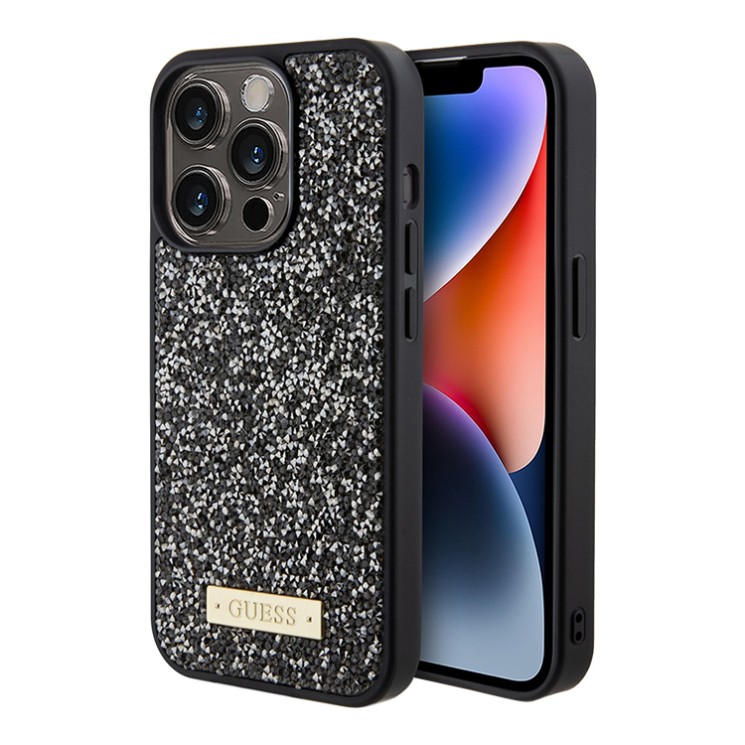 Guess для iPhone 15 Pro Max чехол Diamond Rhinestone Plate metal logo Hard Black