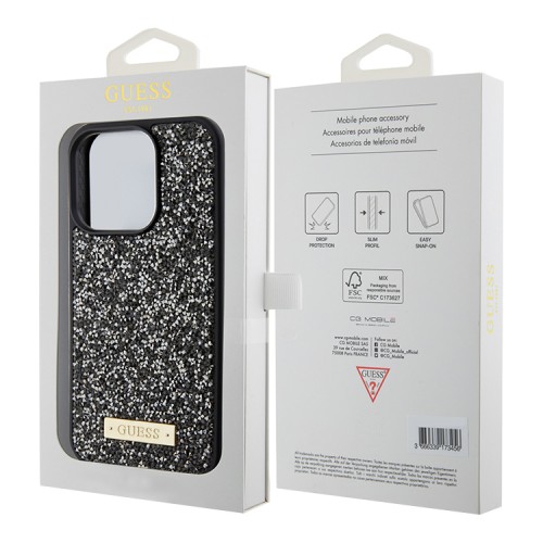 Guess для iPhone 15 Pro Max чехол Diamond Rhinestone Plate metal logo Hard Black