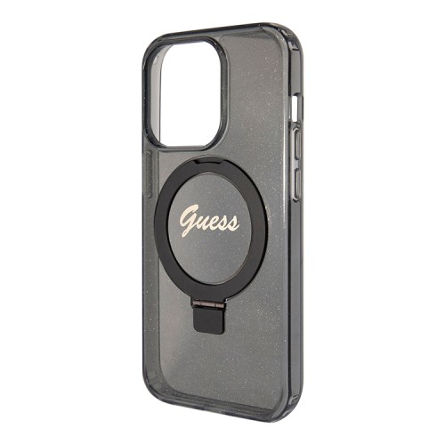 Guess для iPhone 15 Pro чехол PC/TPU Script logo + Ring stand Hard Glitter Black (MagSafe)