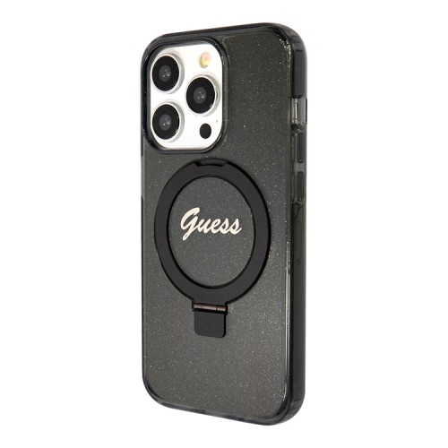 Guess для iPhone 15 Pro чехол PC/TPU Script logo + Ring stand Hard Glitter Black (MagSafe)