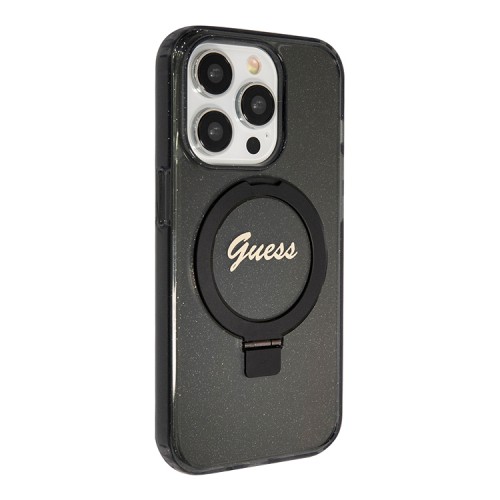 Guess для iPhone 15 Pro чехол PC/TPU Script logo + Ring stand Hard Glitter Black (MagSafe)