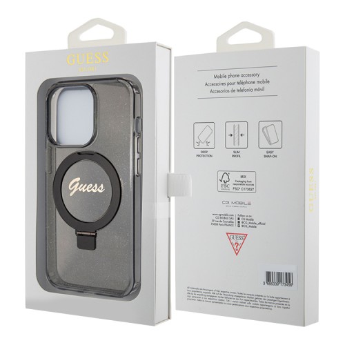Guess для iPhone 15 Pro чехол PC/TPU Script logo + Ring stand Hard Glitter Black (MagSafe)