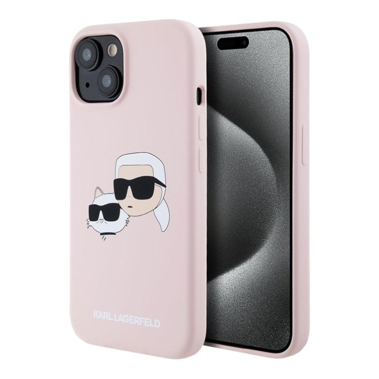 Karl Lagerfeld для iPhone 15 чехол Liquid Silicone NFT Karl & Choupette Head Hard Pink (MagSafe)