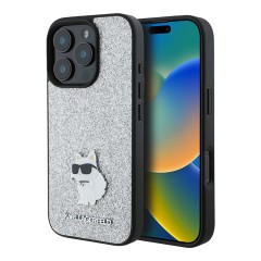 Karl Lagerfeld для iPhone 16 Pro чехол Fixed glitters NFT Choupette метал.значок, серебристый