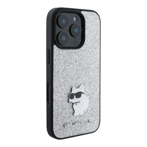 Karl Lagerfeld для iPhone 16 Pro чехол Fixed glitters NFT Choupette метал.значок, серебристый