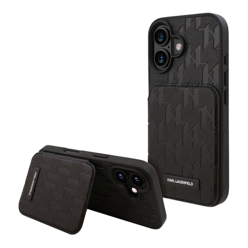 Karl Lagerfeld для iPhone 16 чехол Cardslot Stand PU Saffiano Monogram Plate logo Hard Black