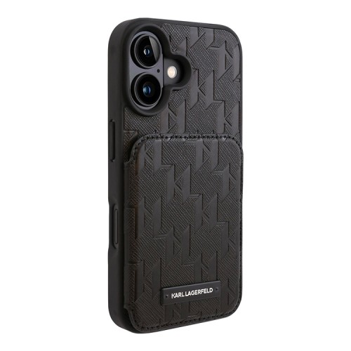 Karl Lagerfeld для iPhone 16 чехол Cardslot Stand PU Saffiano Monogram Plate logo Hard Black