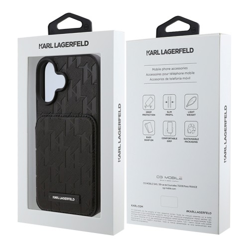 Karl Lagerfeld для iPhone 16 чехол Cardslot Stand PU Saffiano Monogram Plate logo Hard Black