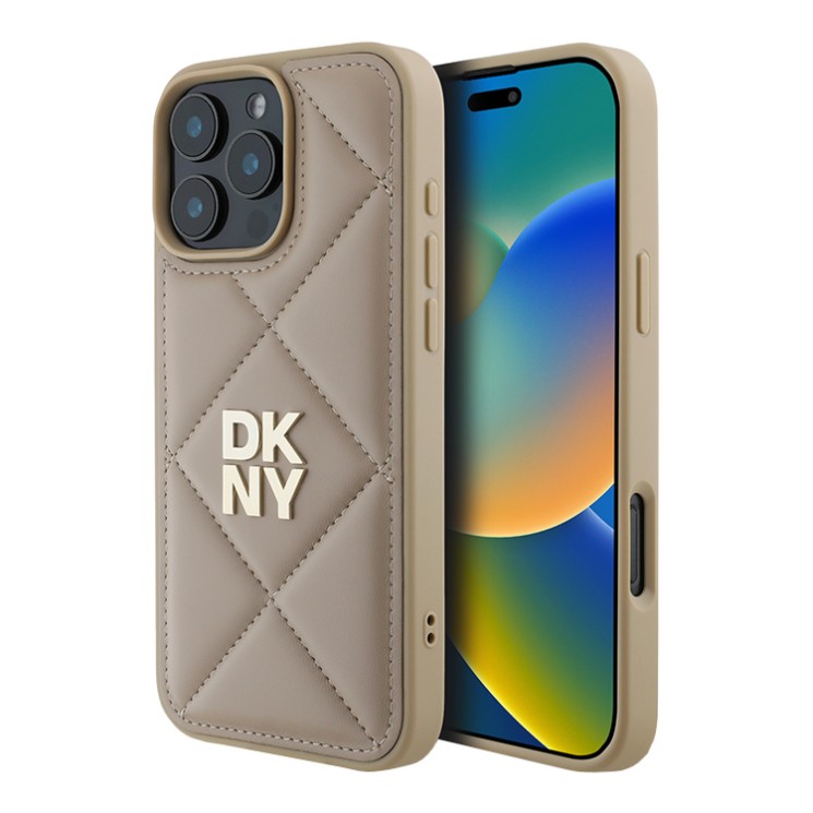 DKNY для iPhone 16 Pro Max чехол PU Quilted Stack metal logo Hard Beige