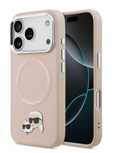 Karl Lagerfeld для iPhone 17 Pro чехол PU NFT Karl & Choupette heads Metal pin & Cam Hard Pink (MagSafe)