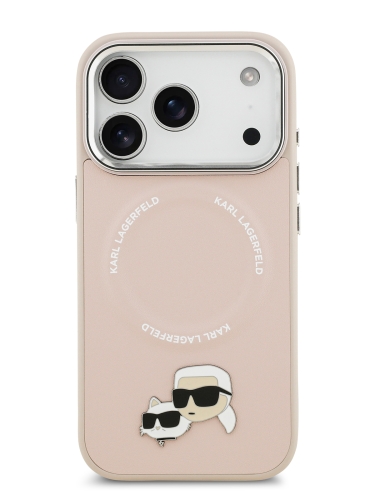 Karl Lagerfeld для iPhone 17 Pro чехол PU NFT Karl & Choupette heads Metal pin & Cam Hard Pink (MagSafe)
