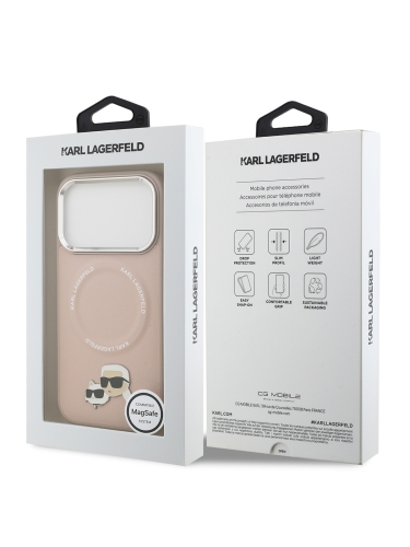 Karl Lagerfeld для iPhone 17 Pro чехол PU NFT Karl & Choupette heads Metal pin & Cam Hard Pink (MagSafe)