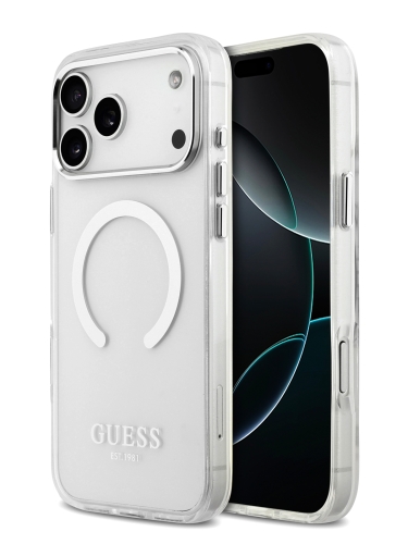 Guess для iPhone 17 Pro Max чехол IML Metal outline and Camera Hard Transparent/Silver (MagSafe)