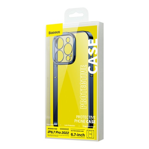 Чехол Baseus Glitter Case PC +Tempered glass для iPhone 14 Pro Max, синяя рамка