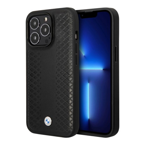 Кожаный чехол BMW Signature Leather Diamond pattern Hard для iPhone 14 Pro Max, черный