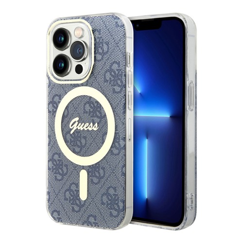 (Уценка) Чехол Guess 4G Hard для iPhone 14 Pro Max, синий/золотой (MagSafe)