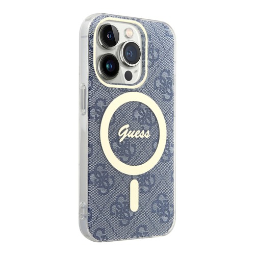 (Уценка) Чехол Guess 4G Hard для iPhone 14 Pro Max, синий/золотой (MagSafe)