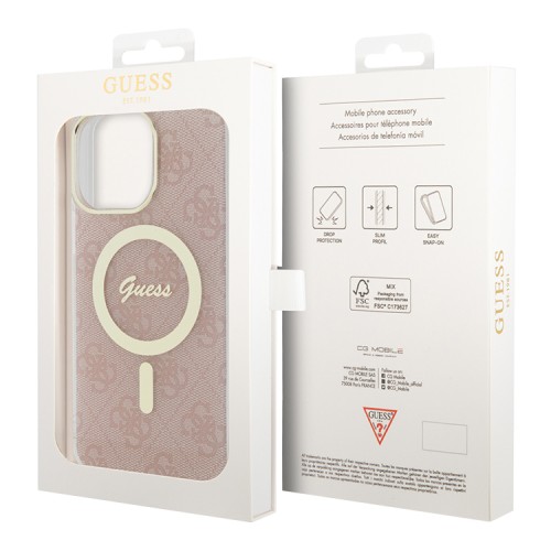 Guess для iPhone 15 Pro чехол PC/TPU 4G Hard Pink/Gold (MagSafe)