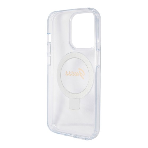 Guess для iPhone 15 Pro чехол PC/TPU Script logo + Ring stand Hard Glitter Transp (MagSafe)