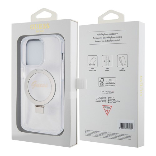 Guess для iPhone 15 Pro чехол PC/TPU Script logo + Ring stand Hard Glitter Transp (MagSafe)