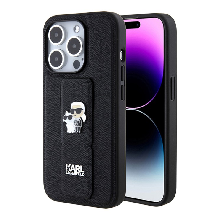 Karl Lagerfeld для iPhone 15 Pro Max чехол GripStand PU Saffiano NFT Karl & Choupette metal Hard Black