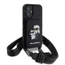 Karl Lagerfeld для iPhone 16 чехол Crossbody cardslot PU Saffiano NFT Karl&Choupette Hard Black