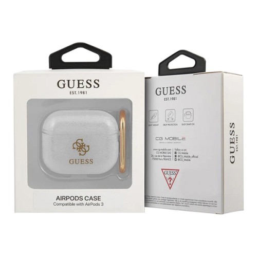 Чехол Guess Transparent Glitter 4G с карабином для Airpods 3 (2021), прозрачный