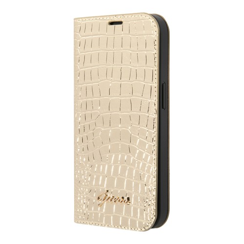 Чехол Guess PU Croco metal logo Booktype для iPhone 14 Pro, золотой
