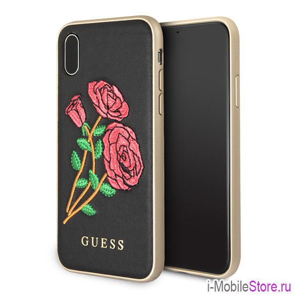 Чехол Guess Flower desire Hard Embroidered roses для iPhone X/XS, чёрный