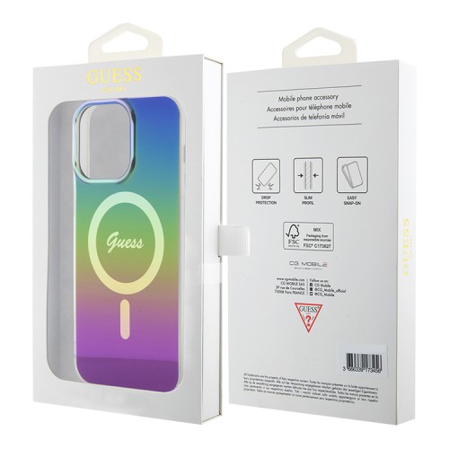 Guess для iPhone 15 Pro чехол PC/TPU Script printed logo Hard Iridescent Black (MagSafe)