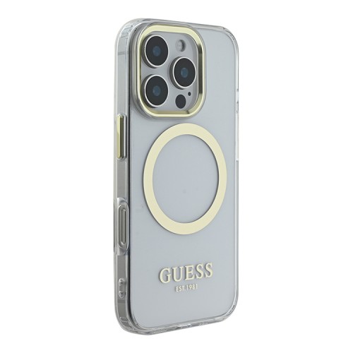 Guess для iPhone 16 Pro Max чехол PC/TPU Metal outline Transparent/Gold (MagSafe)