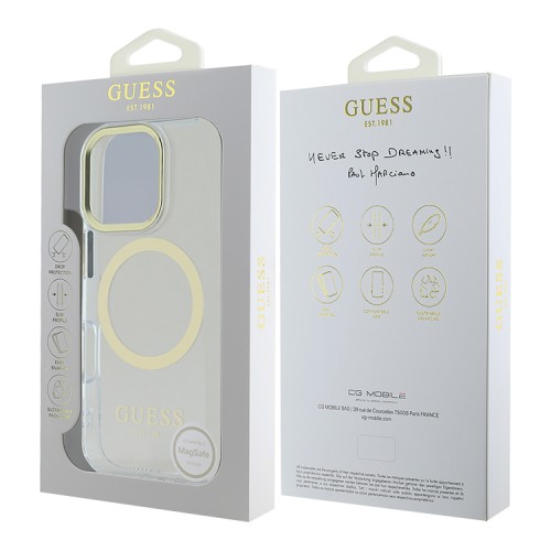 Guess для iPhone 16 Pro Max чехол PC/TPU Metal outline Transparent/Gold (MagSafe)
