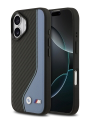 BMW для iPhone 17 чехол M-series PU Carbon/Smooth Metal logo Hard Black/Blue (MagSafe)