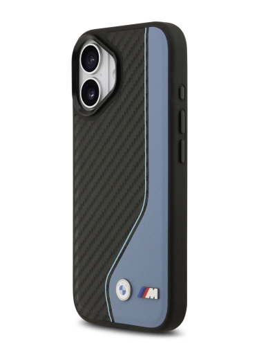 BMW для iPhone 17 чехол M-series PU Carbon/Smooth Metal logo Hard Black/Blue (MagSafe)