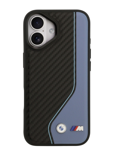 BMW для iPhone 17 чехол M-series PU Carbon/Smooth Metal logo Hard Black/Blue (MagSafe)
