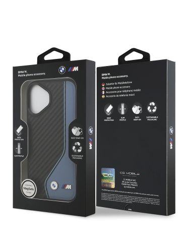 BMW для iPhone 17 чехол M-series PU Carbon/Smooth Metal logo Hard Black/Blue (MagSafe)