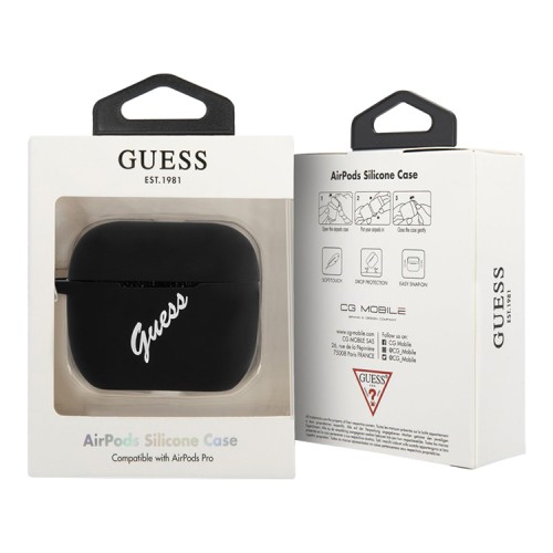 Чехол Guess Silicone case Script logo with cord для Airpods Pro, черный/белый