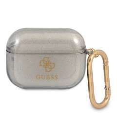 Чехол Guess Transparent Glitter 4G с карабином для Airpods Pro, черный