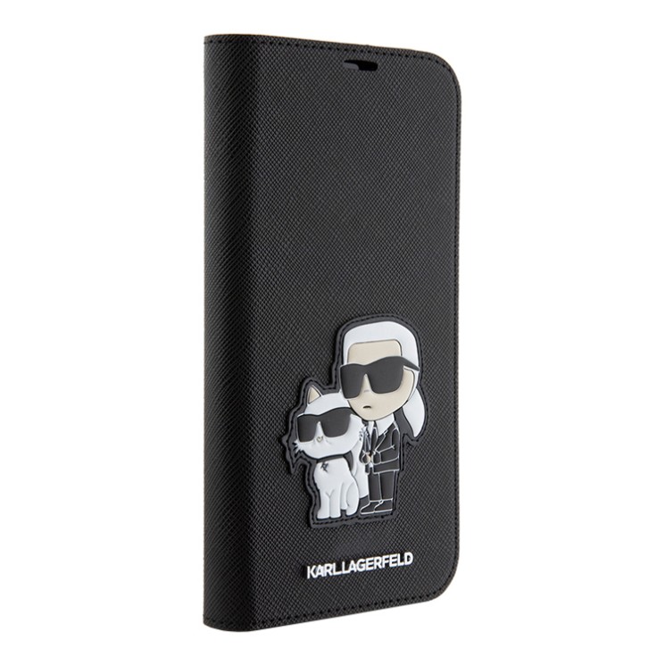 Lagerfeld для iPhone 15 Pro Max чехол PU Saffiano NFT Karl & Choupette Booktype Black