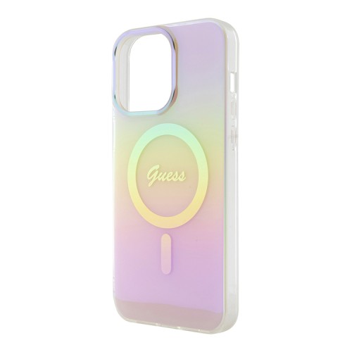 Guess для iPhone 15 Pro чехол PC/TPU Script printed logo Hard Iridescent Pink (MagSafe)