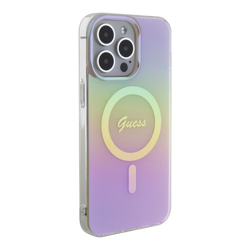 Guess для iPhone 15 Pro чехол PC/TPU Script printed logo Hard Iridescent Pink (MagSafe)