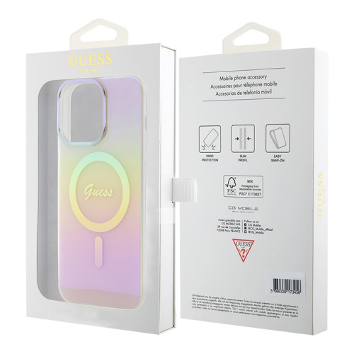 Guess для iPhone 15 Pro чехол PC/TPU Script printed logo Hard Iridescent Pink (MagSafe)