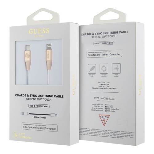 Guess кабель Silicone with Aluminium USB-C to Lightning MFI 1.5m Light Gold